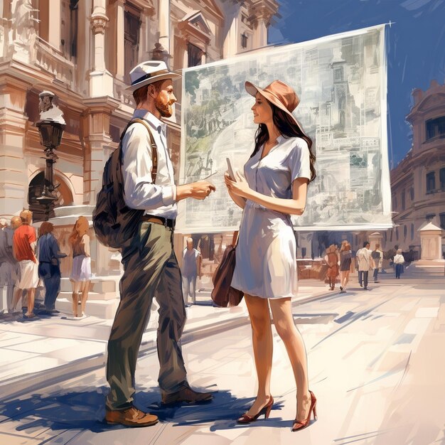 Een man en een vrouw staan voor een groot schilderij waarop " het woord " staat.