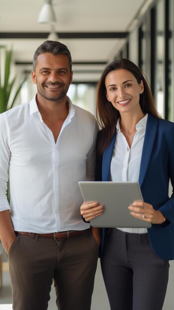 Een man en een vrouw staan voor een laptop.