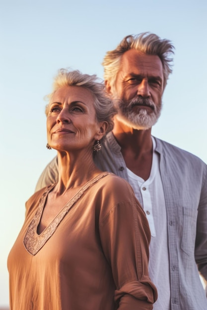 Een man en een vrouw staan voor een zonsondergang.