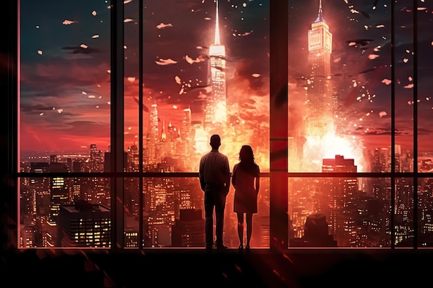 Een man en een vrouw staan voor het raam van een wolkenkrabber en kijken naar het dynamische en levendige stadsbeeld onder hen. De kleurrijke lichten en explosieve energie creëren een opwindende sfeer Generatieve AI