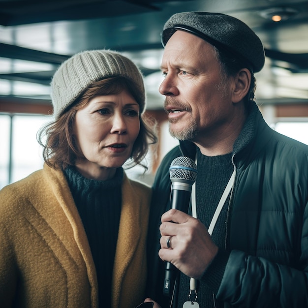 Een man en een vrouw zingen in een microfoon voor een raam en de man draagt een hoed