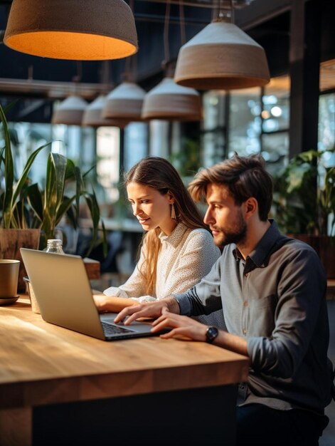 een man en een vrouw zitten aan een tafel met een laptop en een plant op de achtergrond