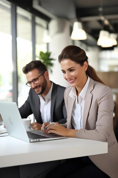 een man en een vrouw zitten aan een tafel met een laptop