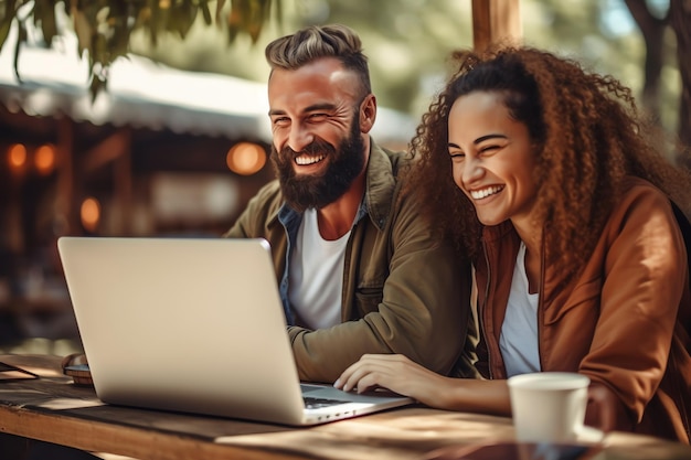 Een man en een vrouw zitten aan een tafel met een laptop.