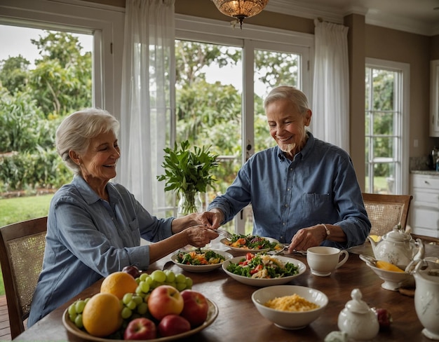 een man en een vrouw zitten aan een tafel met eten en drinken