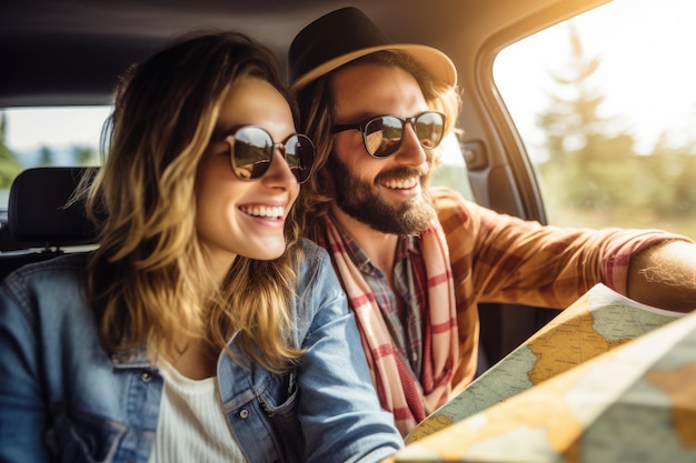 Een man en een vrouw zitten in een auto die een kaart bestuderen voor routebeschrijvingen en navigatie Gelukkig jong koppel kijkt naar de kaart en glimlacht op een roadtrip voor routebeschrijvingen AI gegenereerd