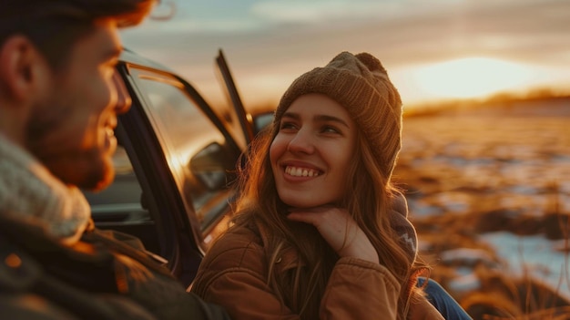 Foto een man en een vrouw zitten in een auto en glimlachen naar de camera.