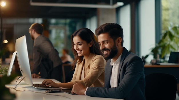 Een man en een vrouw zitten in een bar te glimlachen en naar hun laptops te kijken.
