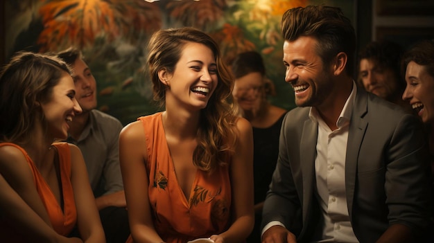 Een man en een vrouw zitten ontspannen in een bar en lachen en glimlachen op een date