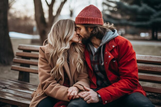 Een man en een vrouw zitten op een bankje en kussen elkaar