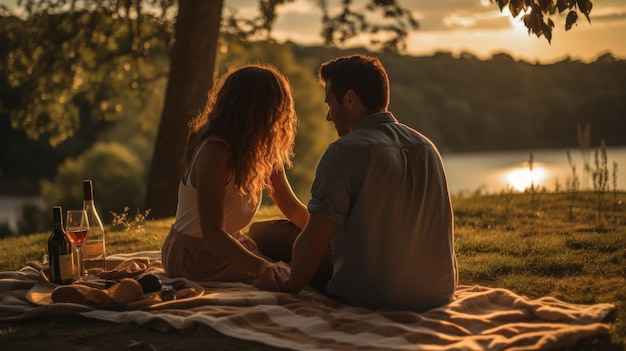 Een man en een vrouw zitten op een deken op het gras en genieten samen van een vreedzaam moment
