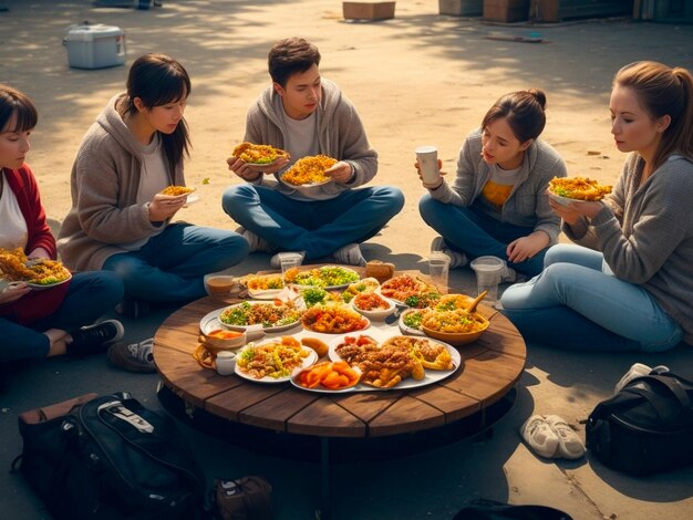 Foto een man en een vrouw zitten op een patio en eten.