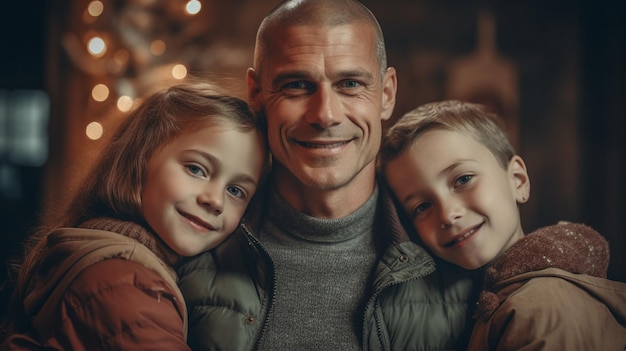 Een man en twee kinderen knuffelen en glimlachen