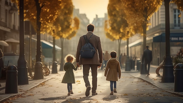 Een man en twee kinderen lopen door een straat met een boom op de achtergrond.