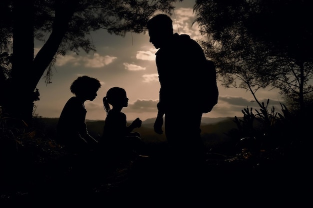 Een man en twee kinderen zitten op een rots onder een boom terwijl de zon aan de horizon schijnt.