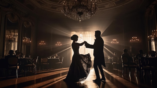 Een man en vrouw dansen in een donkere kamer met een kroonluchter en een kroonluchter.