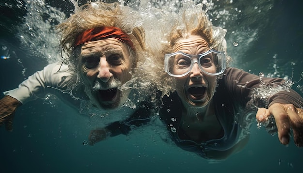 Foto een man en vrouw die een duik onder water nemen in de stijl van grandparentcore