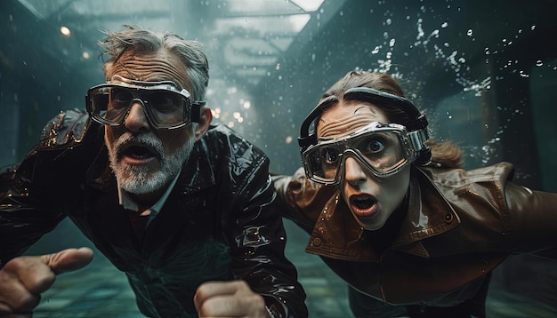 Foto een man en vrouw die een duik onder water nemen in de stijl van grandparentcore