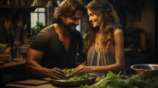 een man en vrouw die glimlachen bij een tafel vol groenten