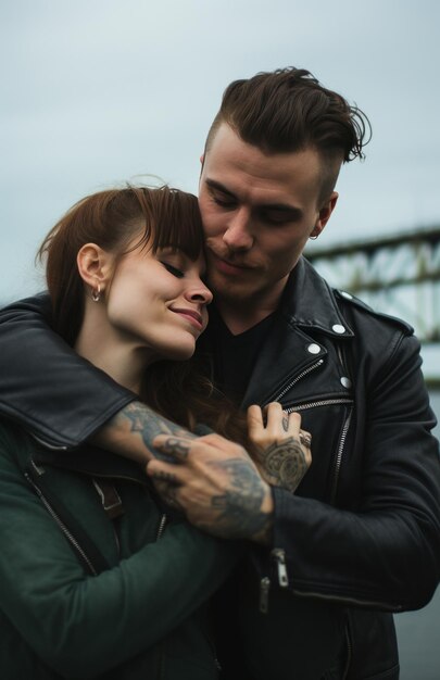 een man en vrouw die zich omhelzen in de buurt van de stad over de rivier