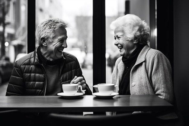 een man en vrouw drinken koffie met een zwart-wit beeldmodel