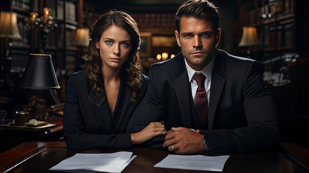 een man en vrouw in pak zitten aan een bar met papieren op de achtergrond.