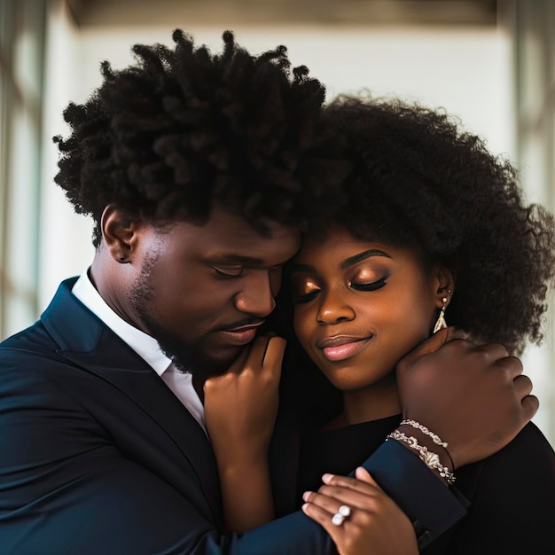 Een man en vrouw knuffelen elkaar en de vrouw draagt een ring.