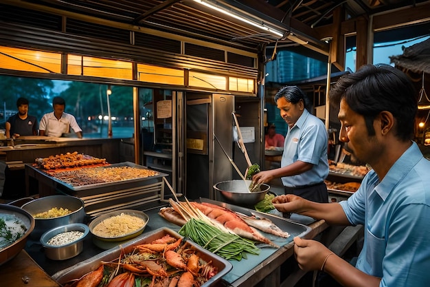 Een man en vrouw koken eten in een foodtruck.