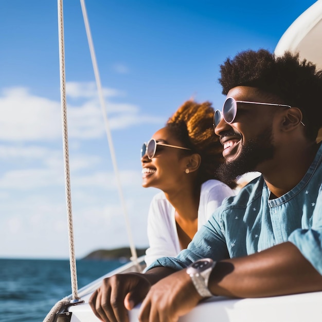Een man en vrouw op een boot die uitkijken op zee