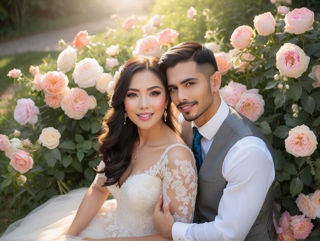 een man en vrouw poseren voor een foto voor een rozenstruik