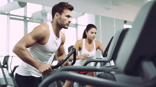 Een man en vrouw rennen op een loopband in een sportschool.