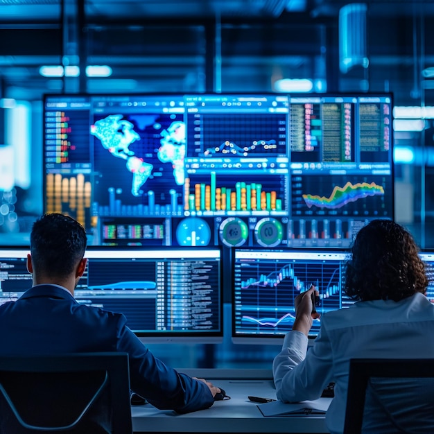 een man en vrouw zitten aan een bureau met een computerscherm dat de wereldkaart toont