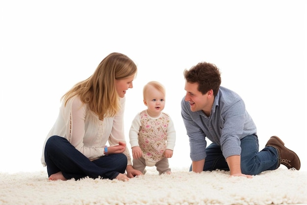 een man en vrouw zitten op de vloer met een baby