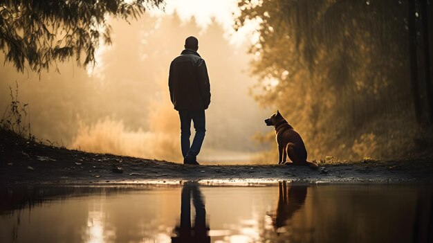 Een man en zijn hond lopen langs een vijver.