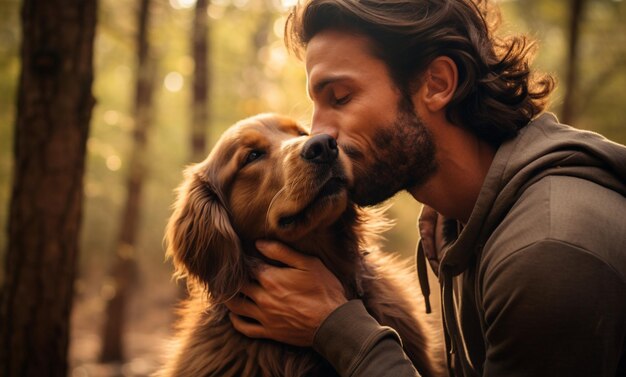 Foto een man en zijn hond vieren de liefde in een tedere omhelzing
