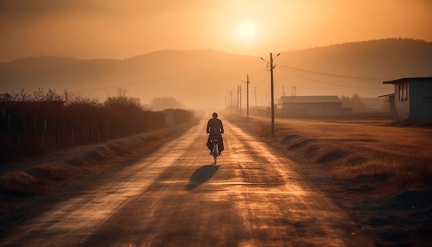 Een man fietst op een stoffige weg bij zonsondergang.