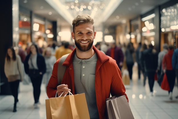 Een man gaat winkelen in een winkelcentrum Sale