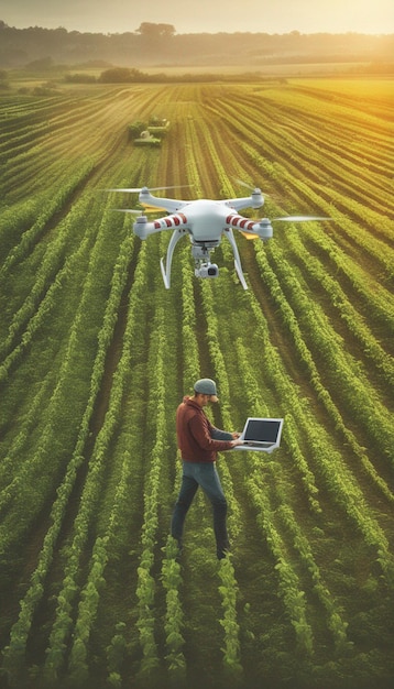 Een man gebruikt een laptop en vliegt een drone in een gewasveld.