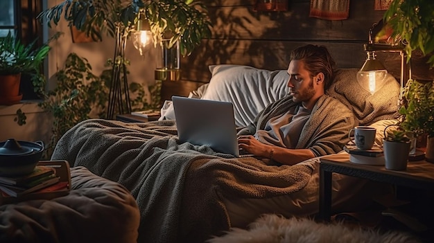 Een man gebruikt een laptop in een bed en kijkt naar een tv-scherm waarop 'het woord' staat.
