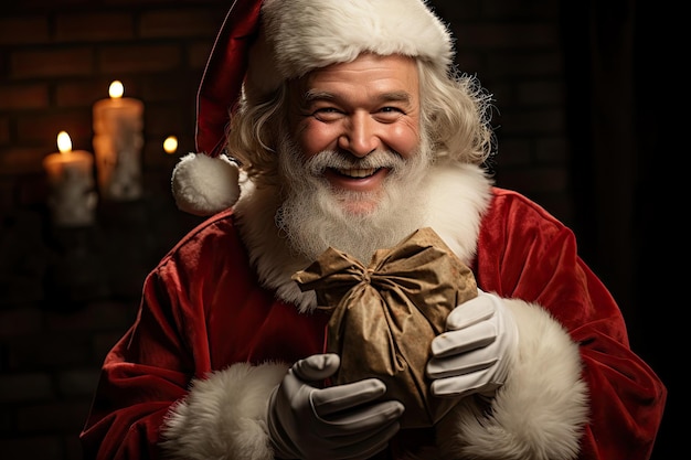 een man gekleed als de kerstman met een geschenk voor zijn gezicht en glimlachend naar de camera met een aangestoken kaars achter hem
