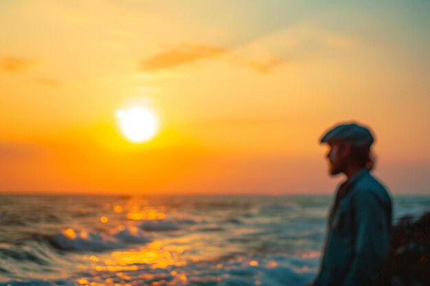 een man gekleed in een blauw shirt en blauwe pet kijkt naar de zonsondergang over het strand