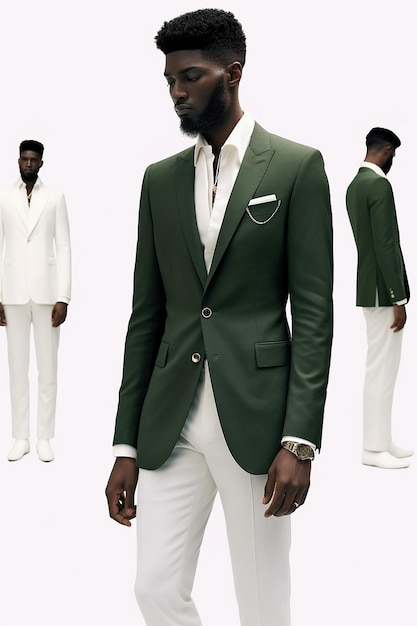 een man, gekleed in een groen pak en een wit overhemd met een pochet.