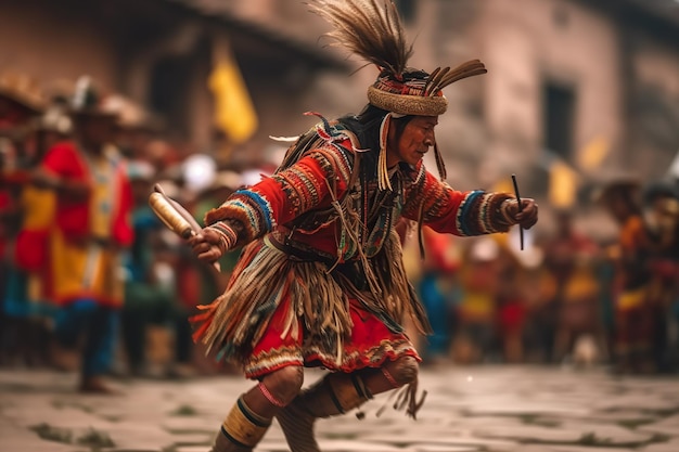 Een man gekleed in een Indiaans kostuum Generatief AI-beeld Inti Raymi in Cusco, Peru