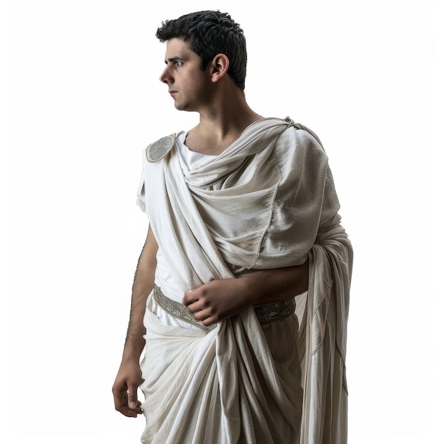 Foto een man gekleed in een romeinse mantel die in een waardige houding staat