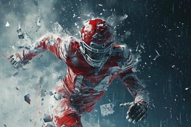 Een man gekleed in een rood-wit uniform wordt gevangen lopen door de lucht artistieke reimagining van sport-geïnduceerde verwondingen AI gegenereerd