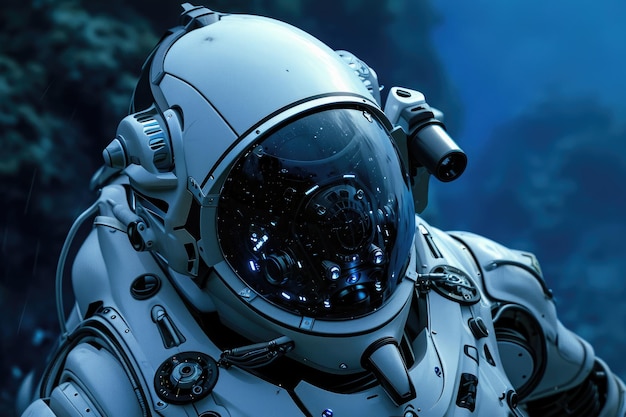Een man gekleed in een ruimtepak staat in het water en combineert elementen van ruimtevaart en aquatische omgevingen Een futuristisch biotech pak ontworpen voor diepzee-exploratie AI gegenereerd