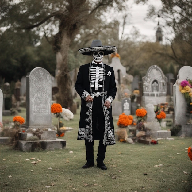 Een man gekleed voor de Mexicaanse Dag van de Doden op zijn kerkhofbehang