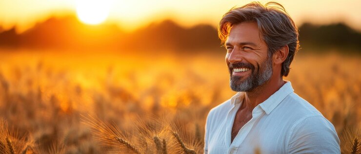 Een man geniet van de warme zonsondergang in een tarweveld die geluk en rust uitstraalt te midden van het gouden landschap.