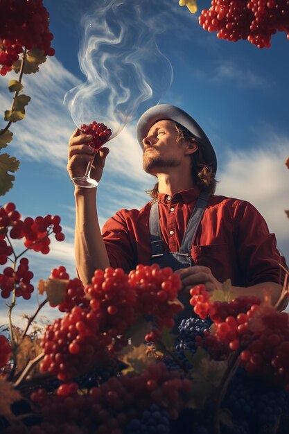 Een man geniet van het herfstlandschap omringd door levendige natuur