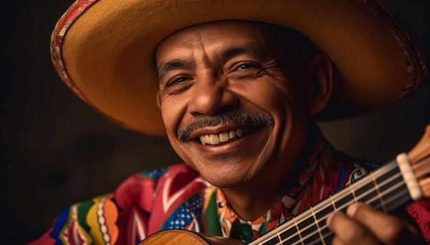 Een man glimlachend die buiten akoestische gitaar speelt, gegenereerd door AI